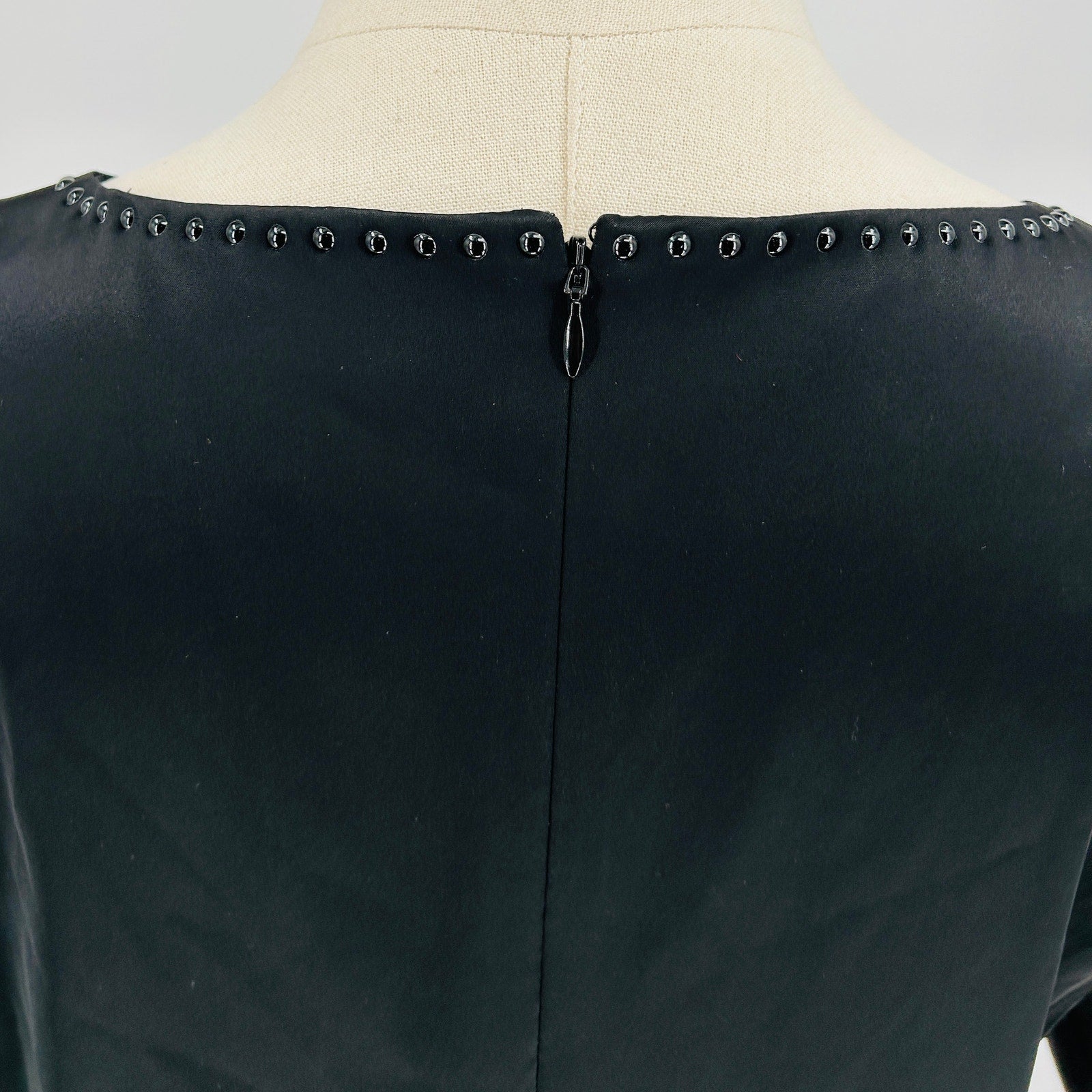 Elie Tahari Black Studded Satin Shift Dress with Silk Sleeves