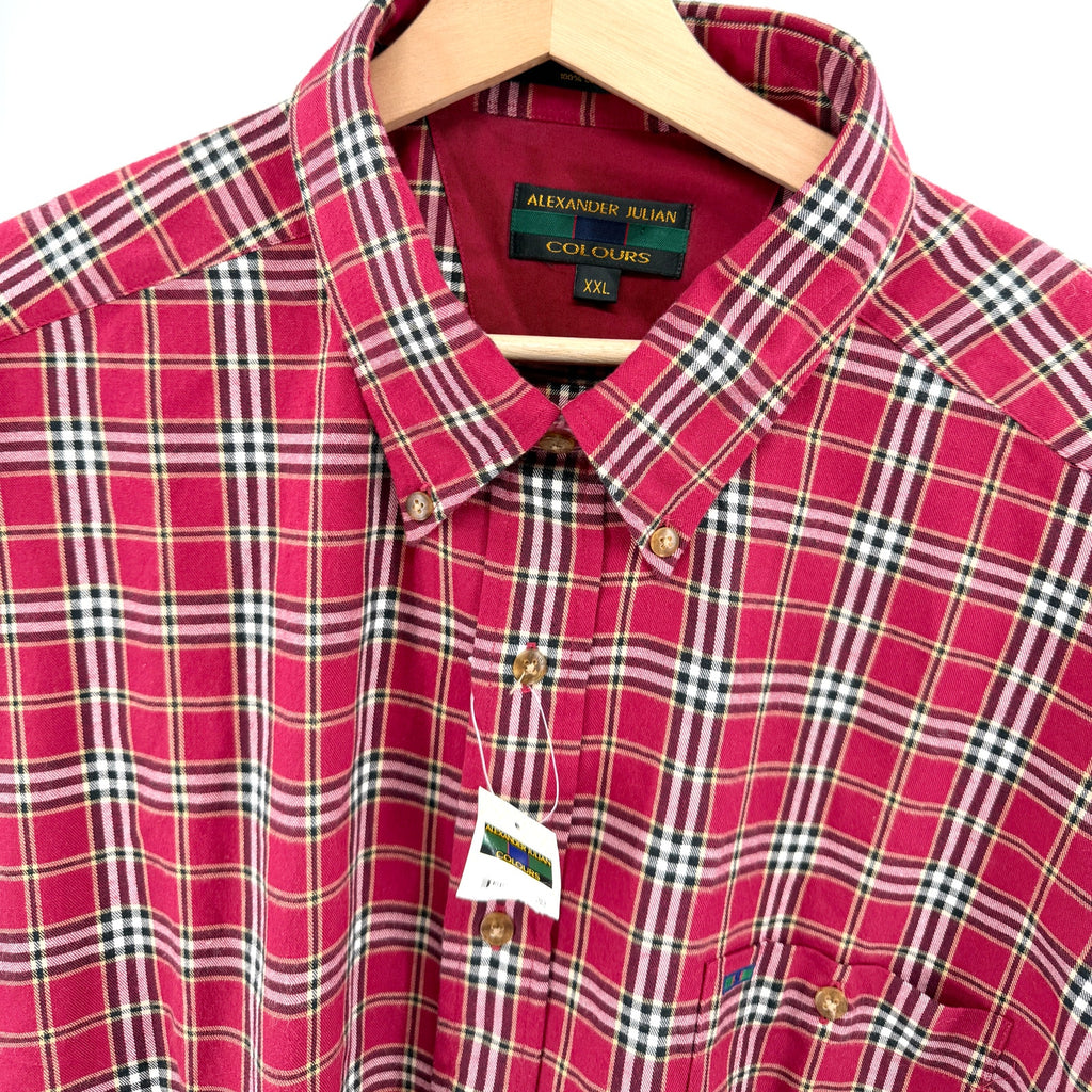 NWT Vintage 90s Alexander Julian Colours Red 100% Cotton Plaid Flannel Shirt