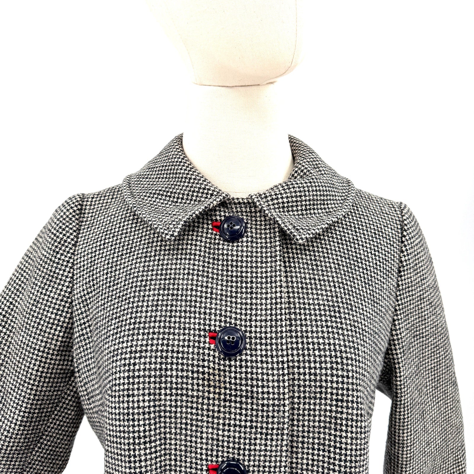 Vintage 60s Montaldos Black White Houndstooth Long Overcoat
