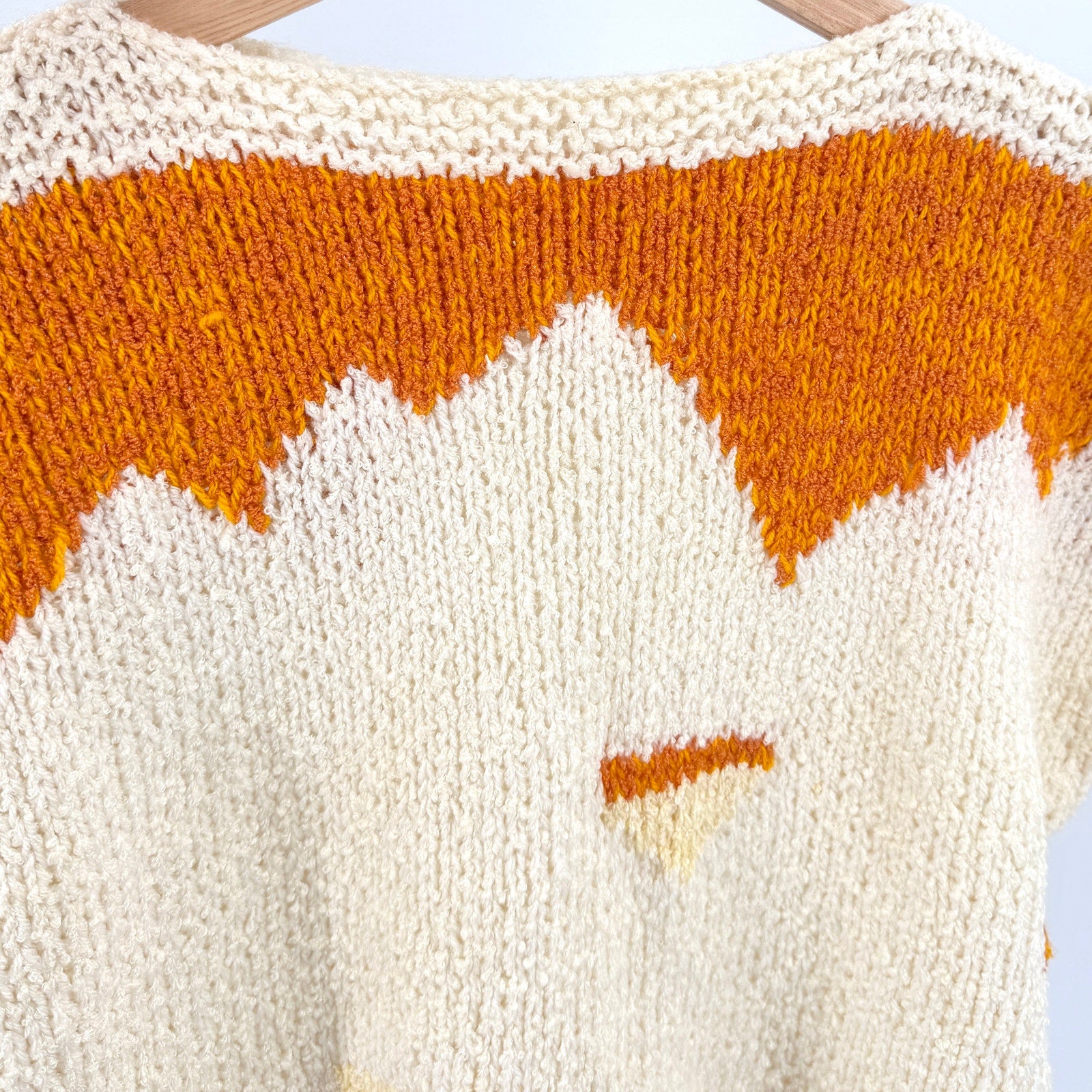 Vintage 70s Handmade Cream Orange Geometric Hand Knit Sweater Vest