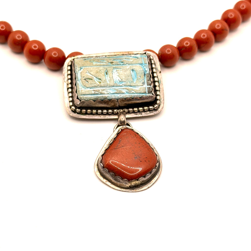 Vintage 90s Gem-N-I Sterling Silver Red Jasper Hieroglyph Necklace Brooch