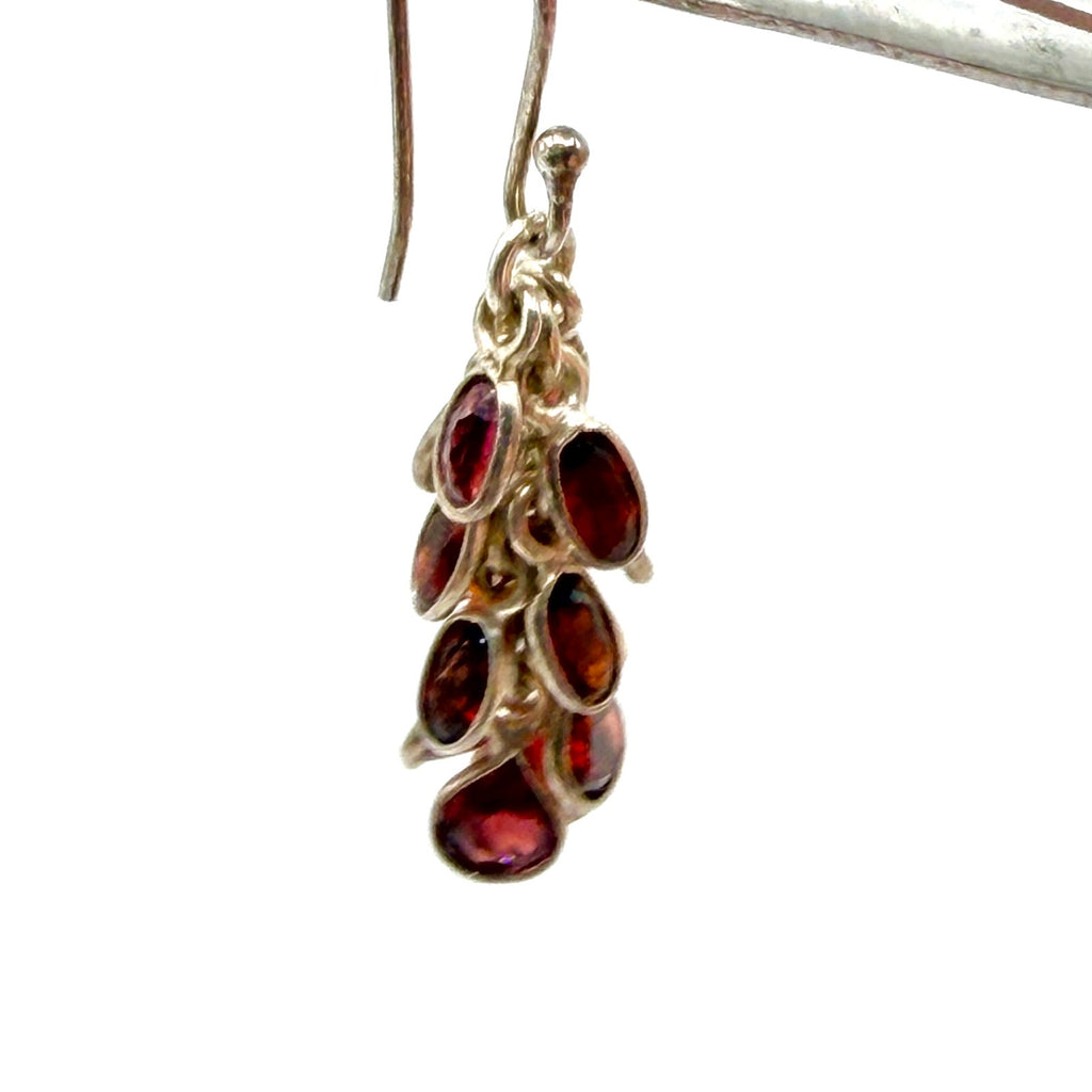Vintage 90s Garnet Red Sterling Silver Bohemian Cascade Dangle Earrings