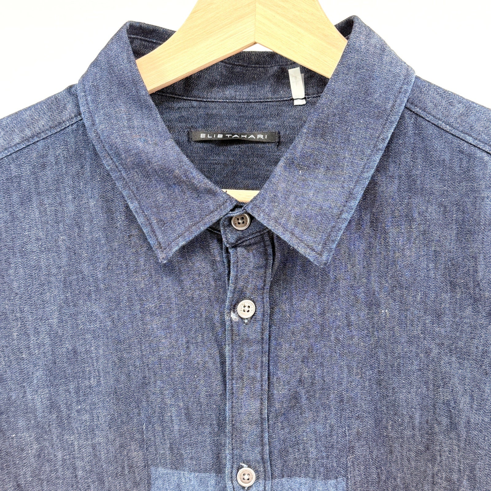 Elie Tahari Blue Cotton Linen Chambray Colorblock Patchwork Shirt