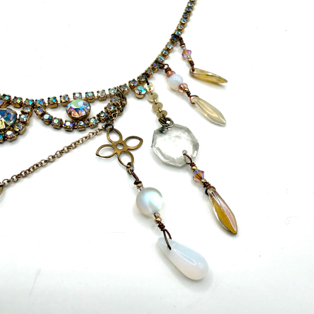 Vintage 70s Multi Gold Rhinestone Glass Bohemian Fringe Teardrop Bib Necklace