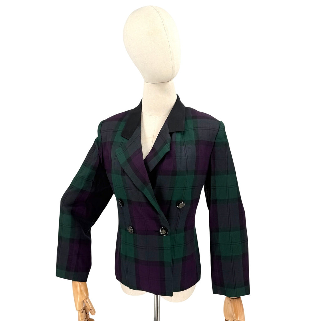 Vintage 90s Le Suit Petite Forest Green Purple Tartan Plaid Blazer Jacket
