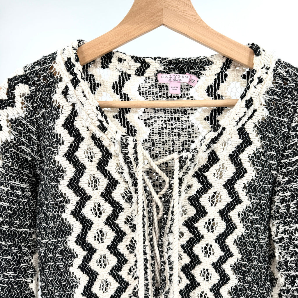 Calypso St Barth Black Cream Chevron Crochet Lace Up Tassel Tunic Mini Dress