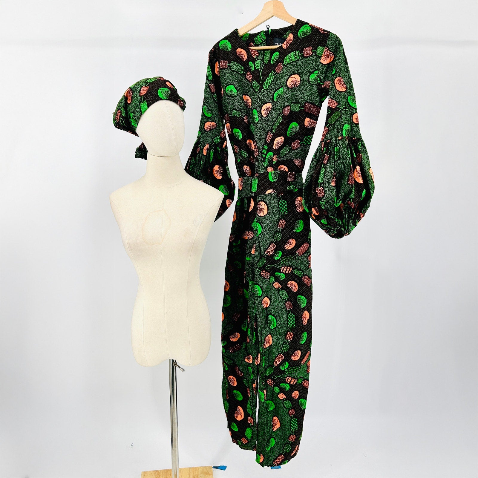 NWT Tribalbyn Green Coral Mushroom Ankara Print Cotton Balloon Sleeve Jumpsuit