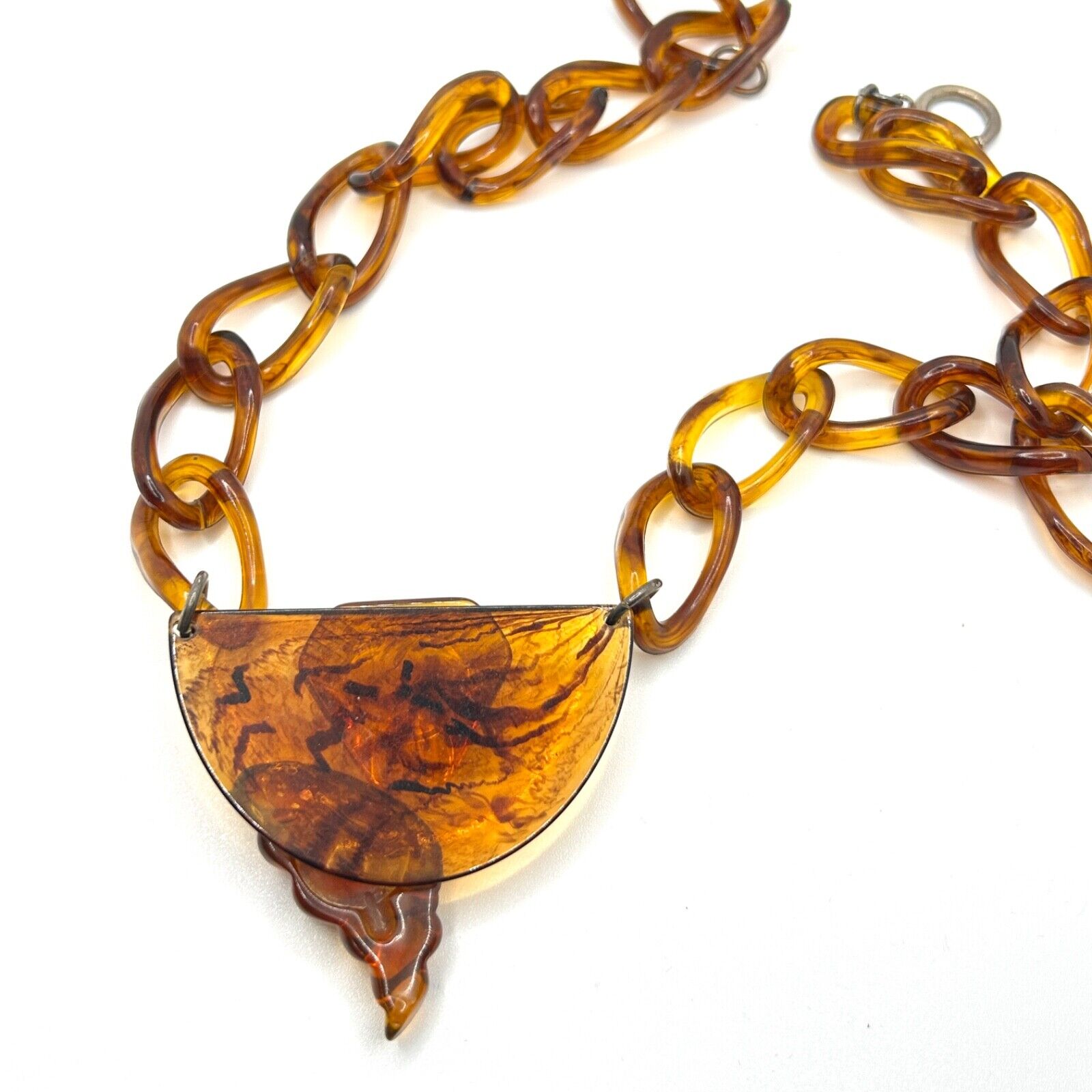 Vintage Art Deco Bakelite Amber-Colored Chain Necklace Bold Abstract Pendant