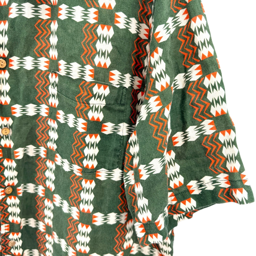 J. Peterman Company Green 100% Linen Tribal Print Short Sleeve Shirt