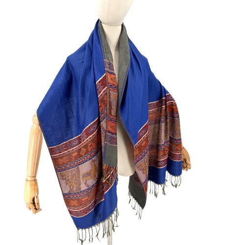 Blue Red 100% Wool Aztec Llama Tribal Scarf