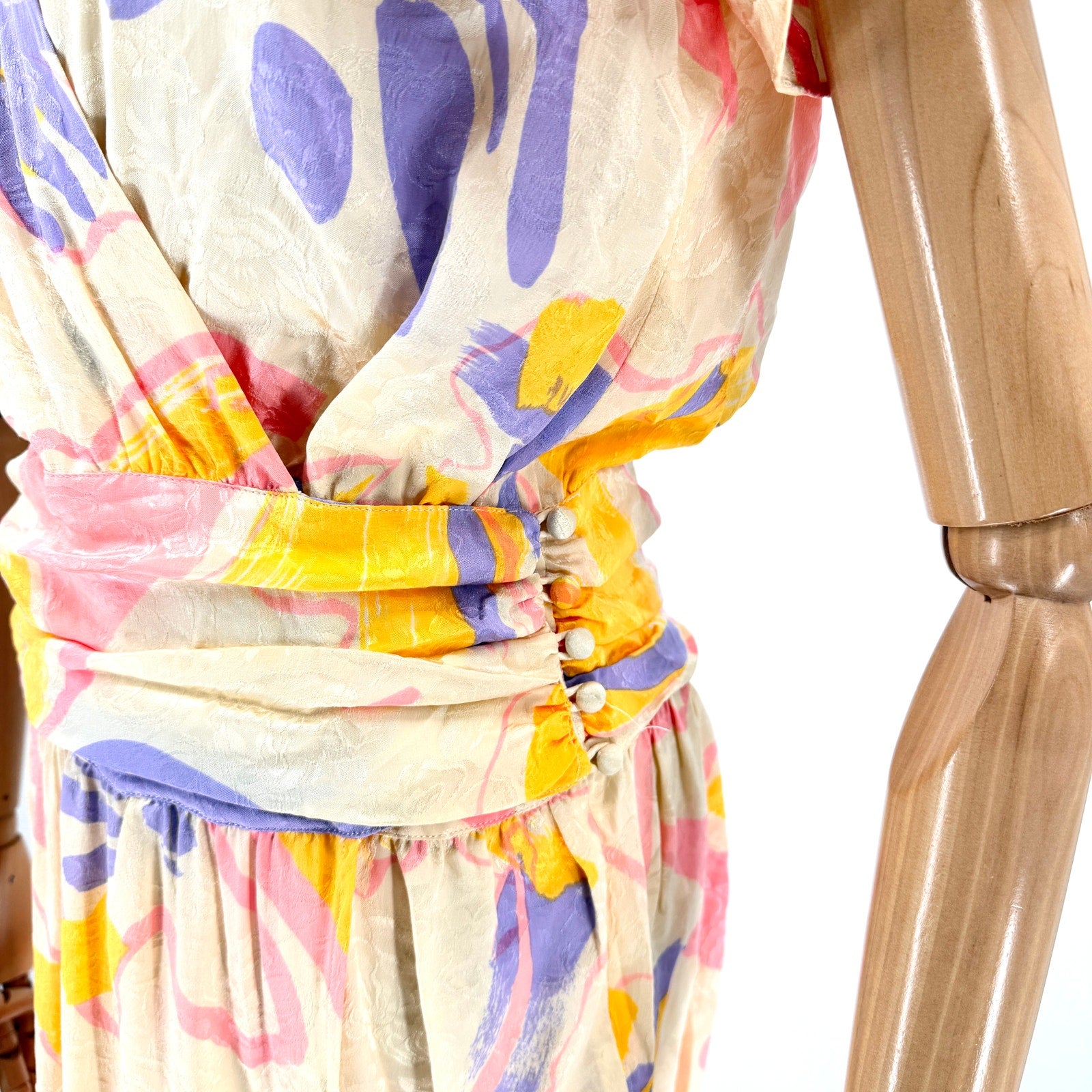 Vintage 80s Flora Kung 100% Silk Pastel Floral Flutter Sleeve Wrap Dress