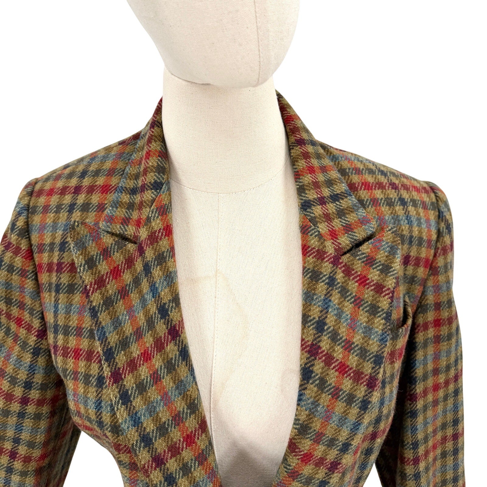 Vintage 80s Le Passe-Partout Olive Wool Plaid Peplum Blazer