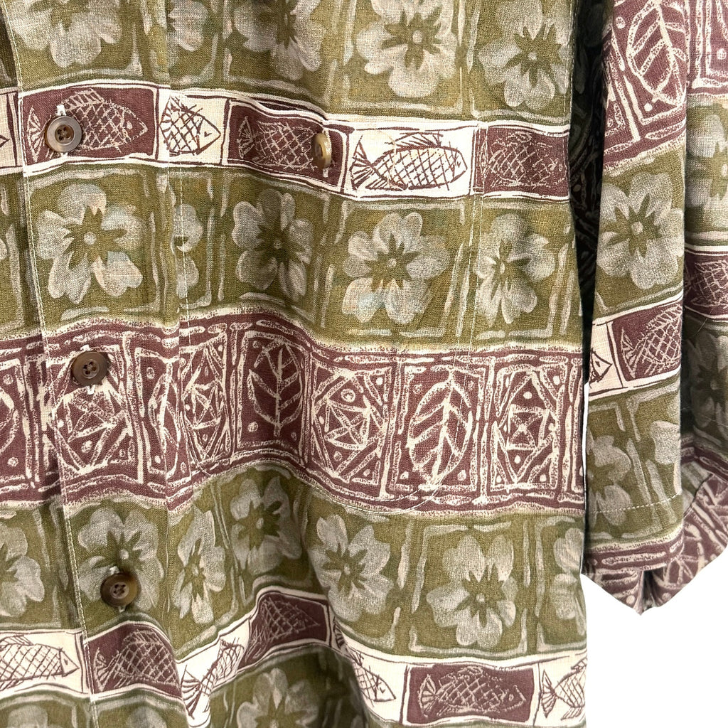 Vintage 90s Woolrich Olive Green Maroon Floral Fish Cotton Tropical Shirt
