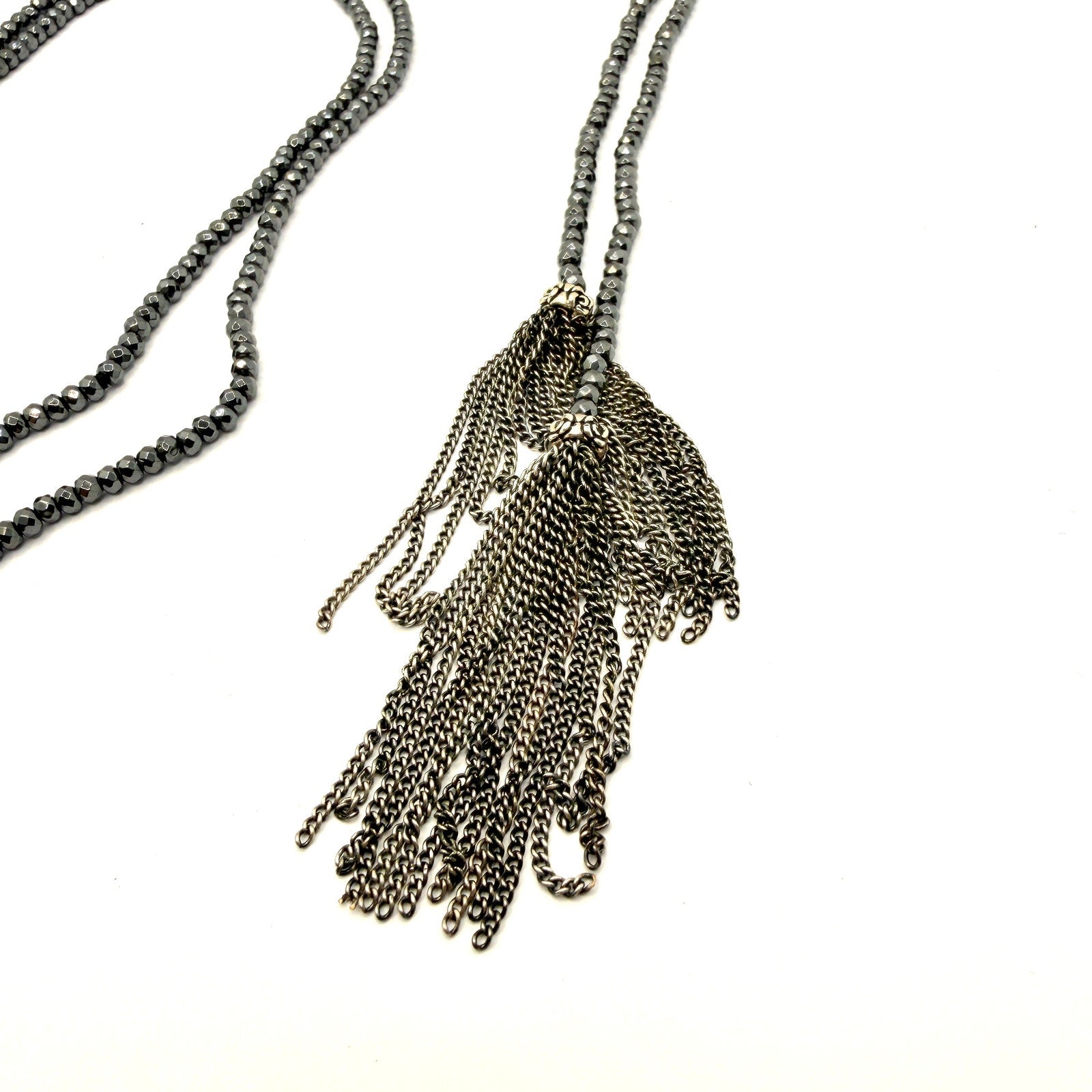 Black Onyx Druzy Abalone Gunmetal Boho Tassel Lariat Necklace