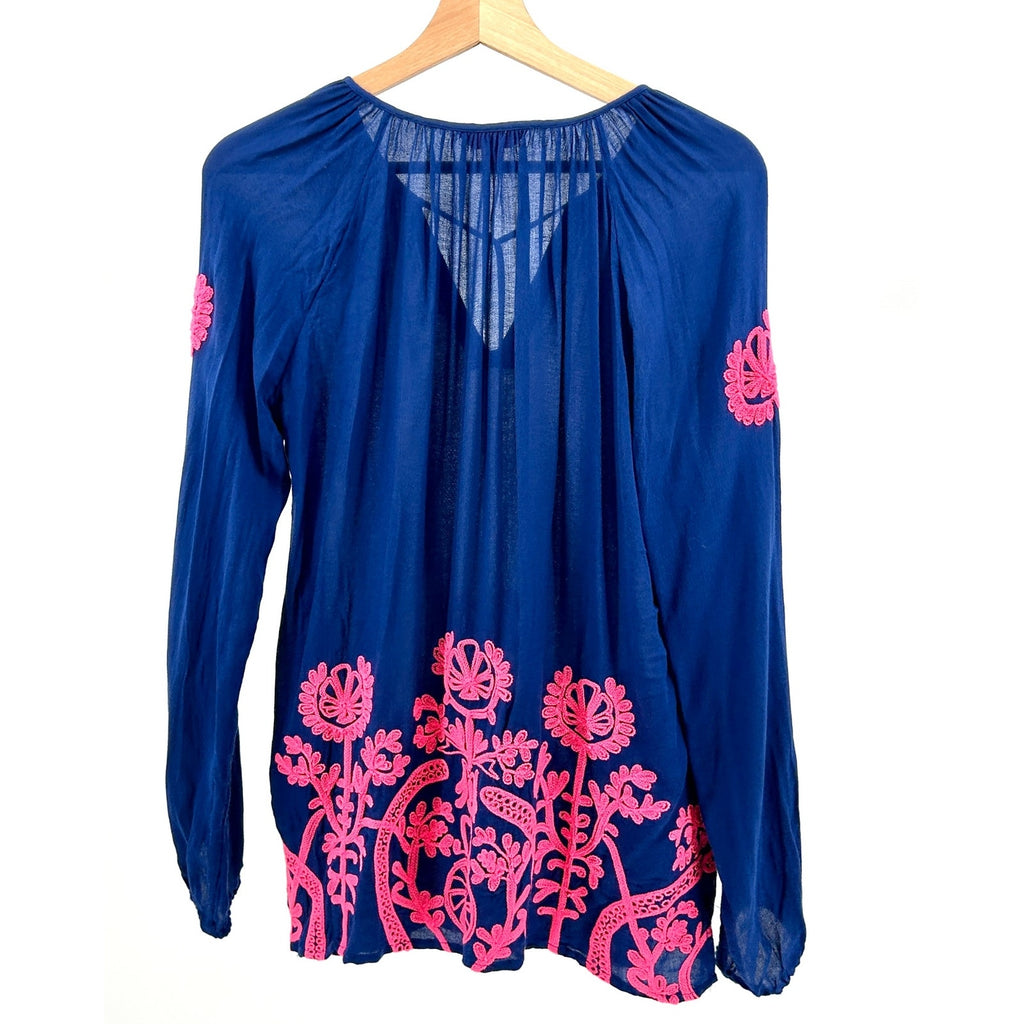 Lilly Pulitzer Navy Blue Pink Embroidered Tassel Peasant Blouse