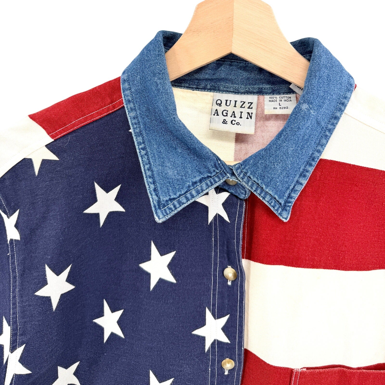Vintage 90s Quizz Again Red White Blue 100% Cotton American Flag Shirt