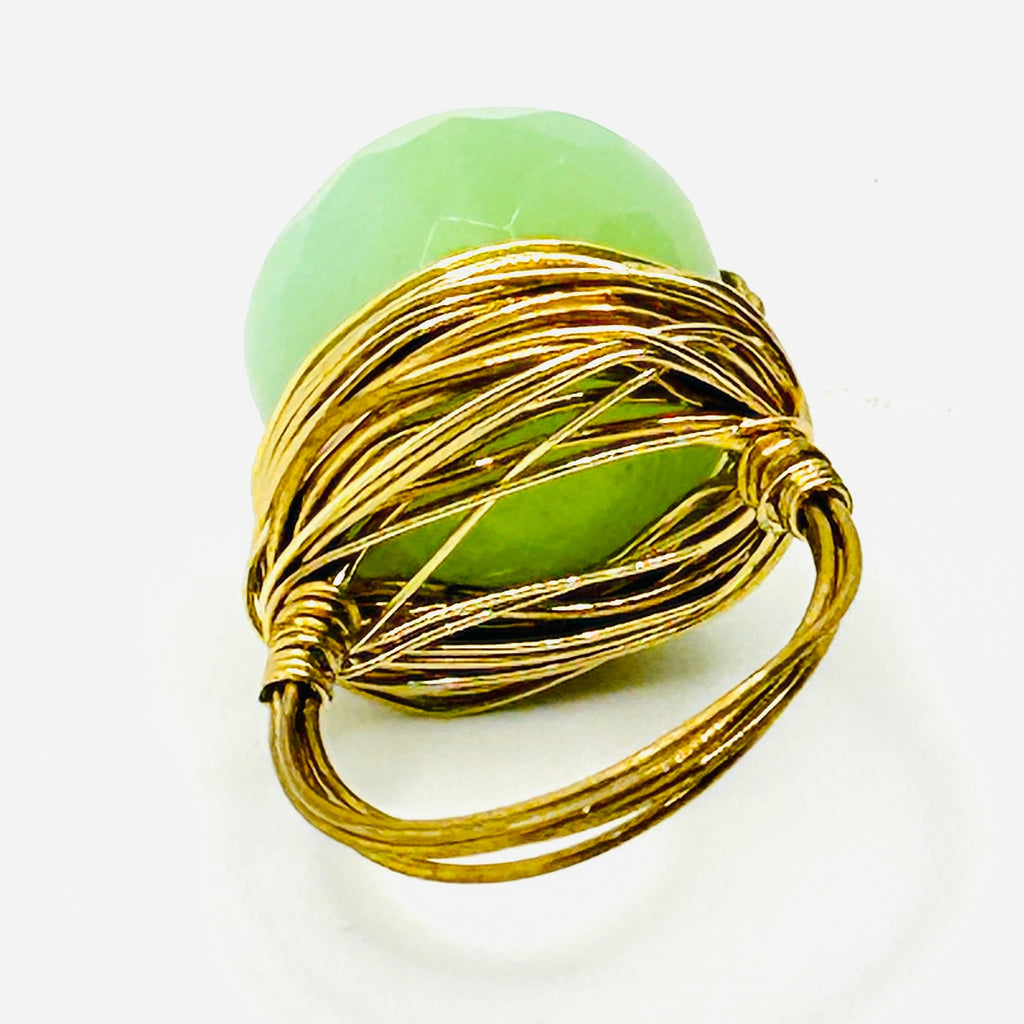 Green Jade Gold Wire Wrapped Statement Ring