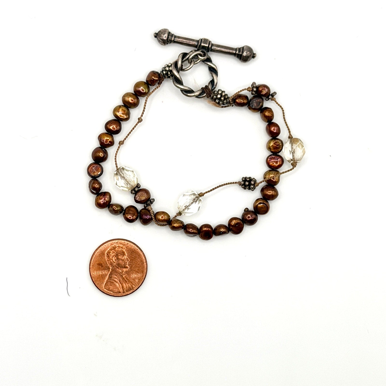 Vintage 90s Sterling Silver Bronze Freshwater Pearl Quartz Toggle Bracelet