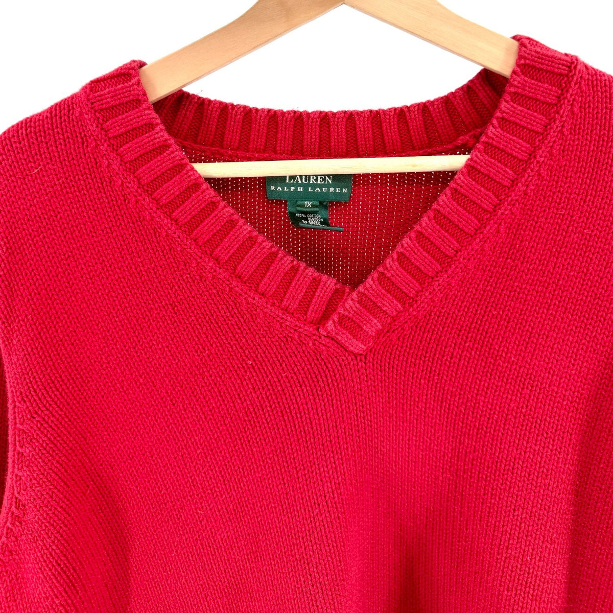 Vintage 90s Lauren Ralph Lauren Red 100% Cotton V-Neck Chunky Knit Sweater