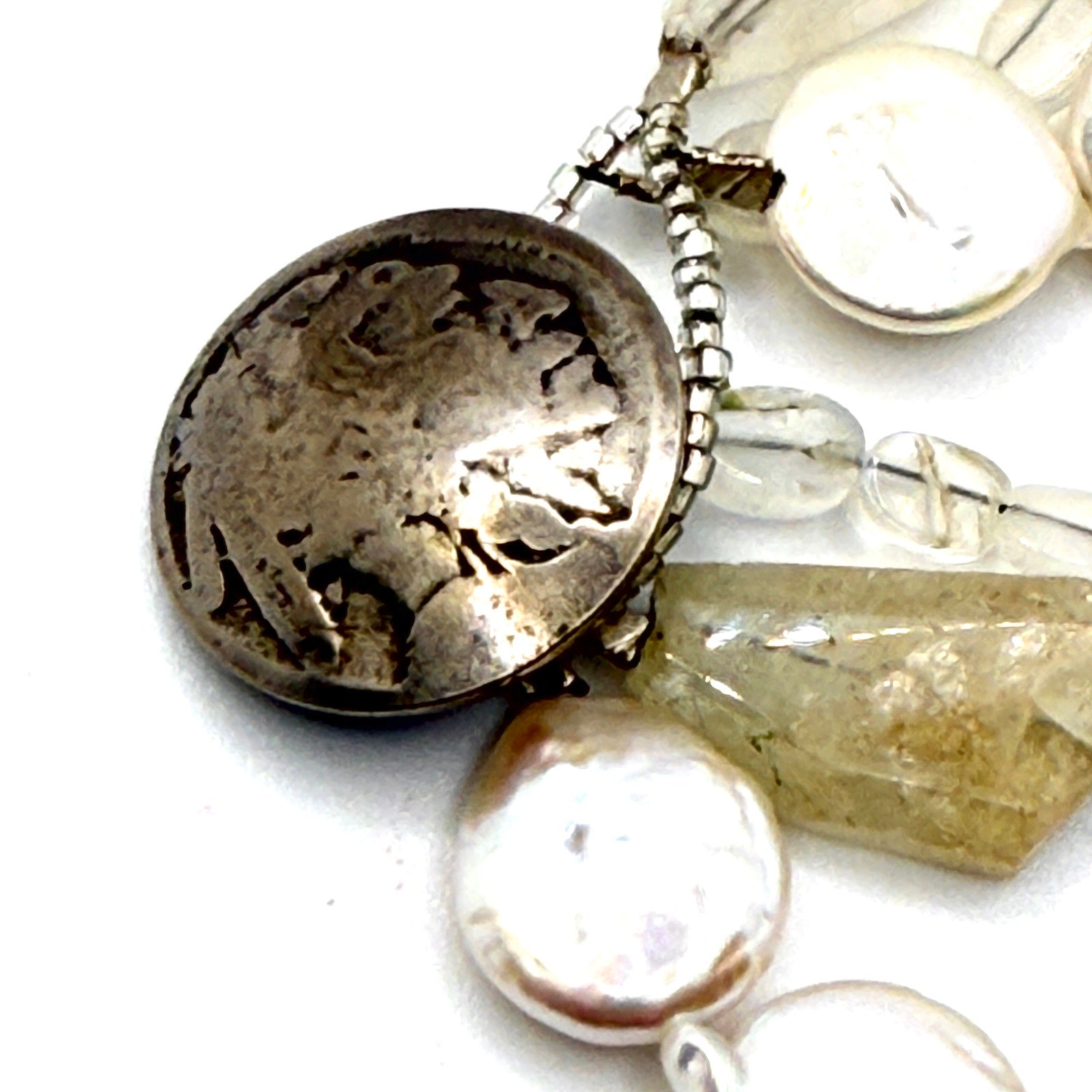 Vintage 90s Artisan Buffalo Nickel Coin Pearl Prehnite Multi Strand Bracelet