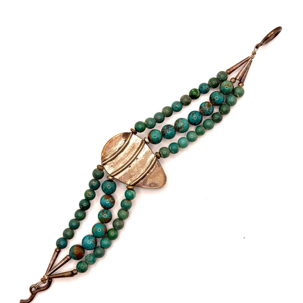 Vintage 90s Stamped Sterling Silver Blue Green Turquoise Triple Strand Bracelet