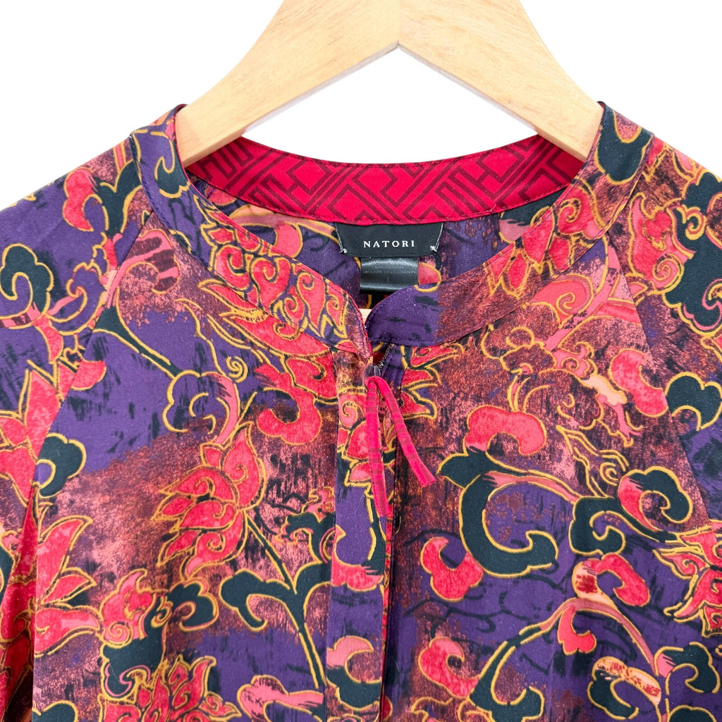 Vintage Y2K Natori Red Purple Asian Floral Half Zip Nightgown Kaftan