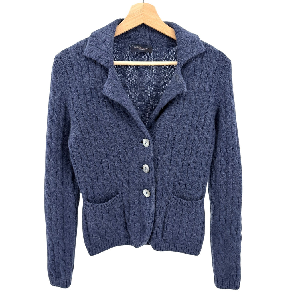 Vintage 90s Peter Elliott Indigo Blue 100% Cashmere Collared Cardigan Sweater