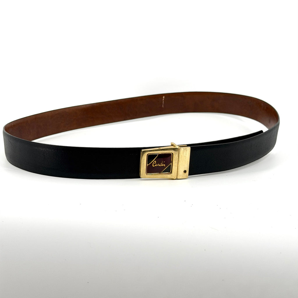 Vintage 80s Pierre Cardin Black Genuine Leather Gold Enamel Buckle Belt