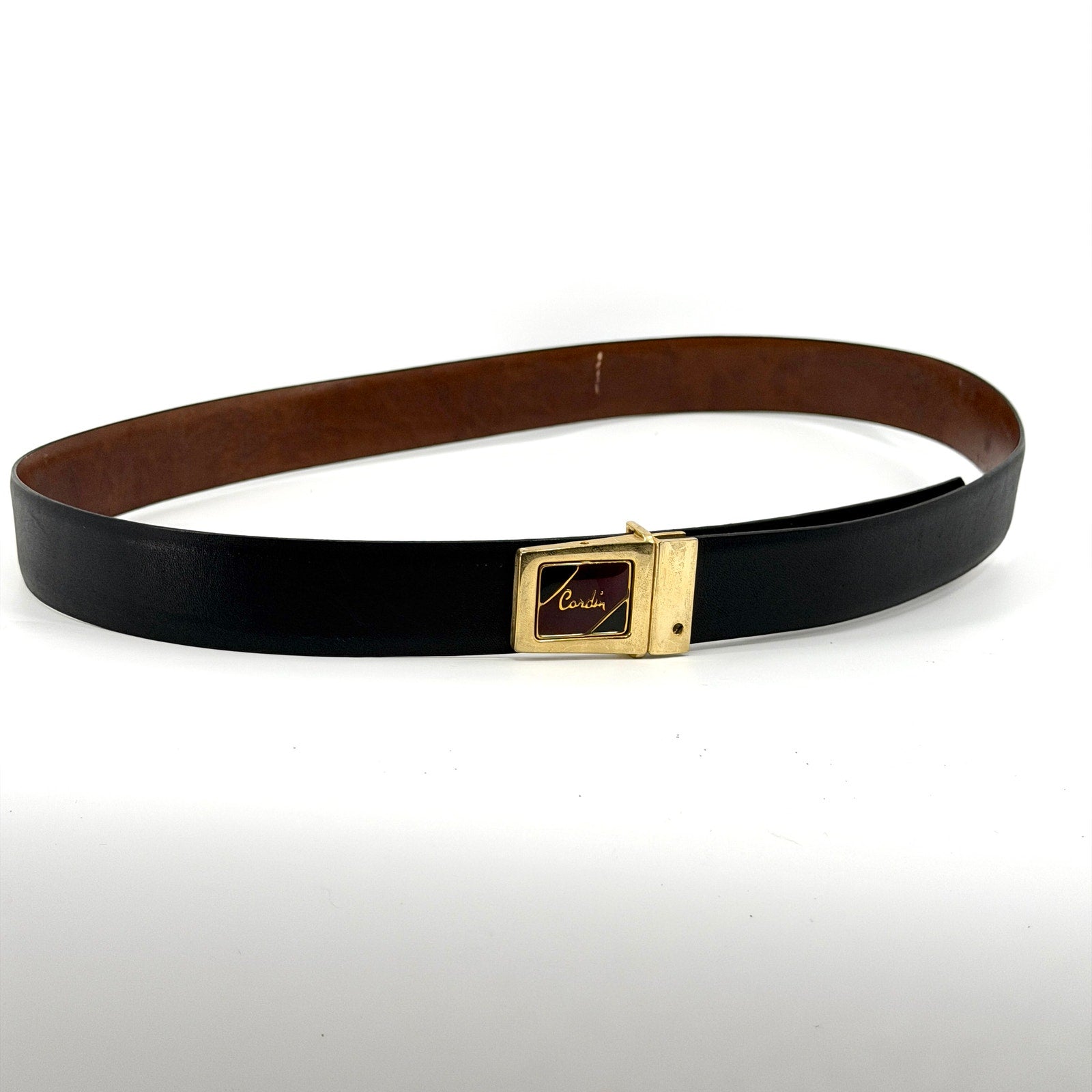 Vintage 80s Pierre Cardin Black Genuine Leather Gold Enamel Buckle Belt