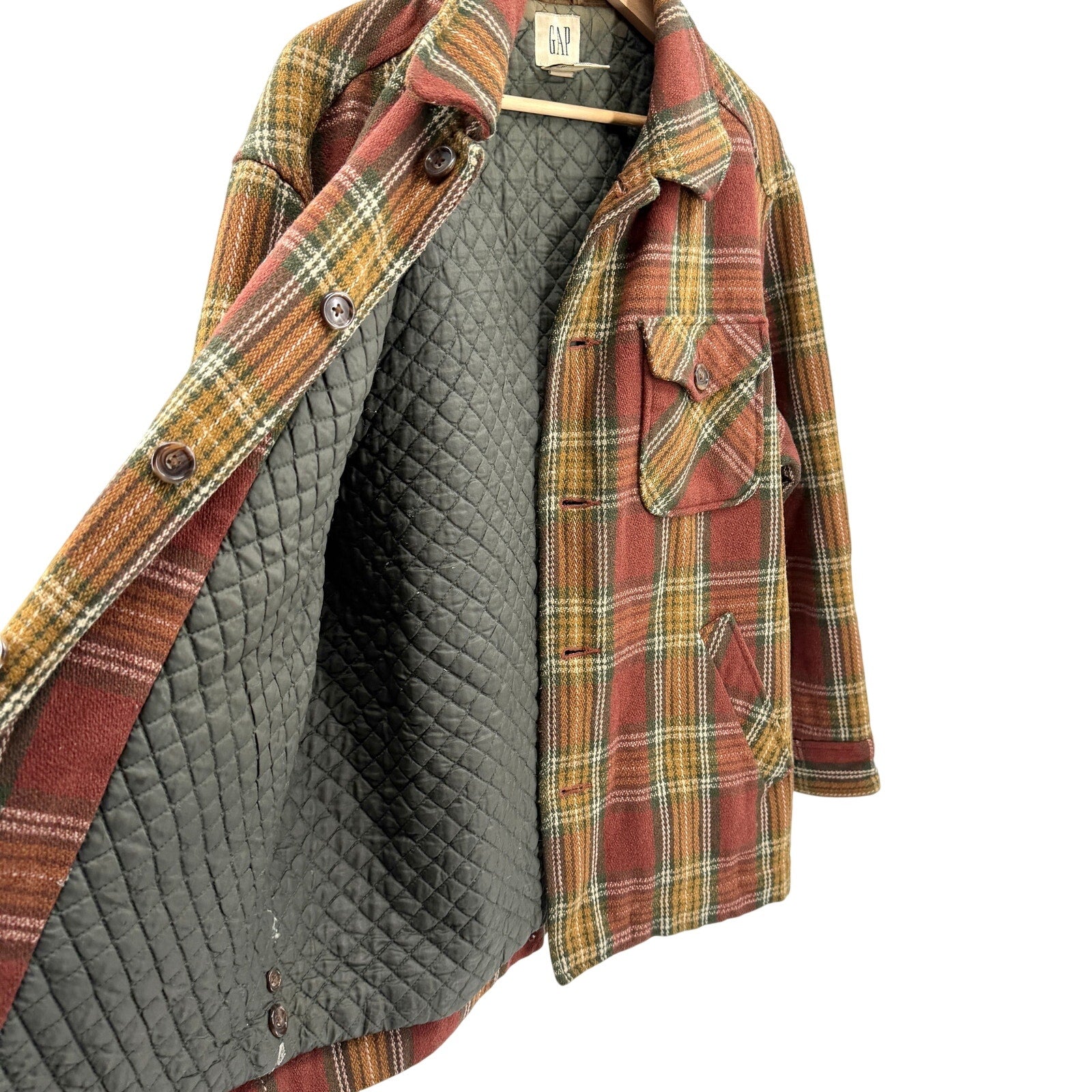 Vintage 90s Gap Brick Red Mustard Plaid Quilted Shacket