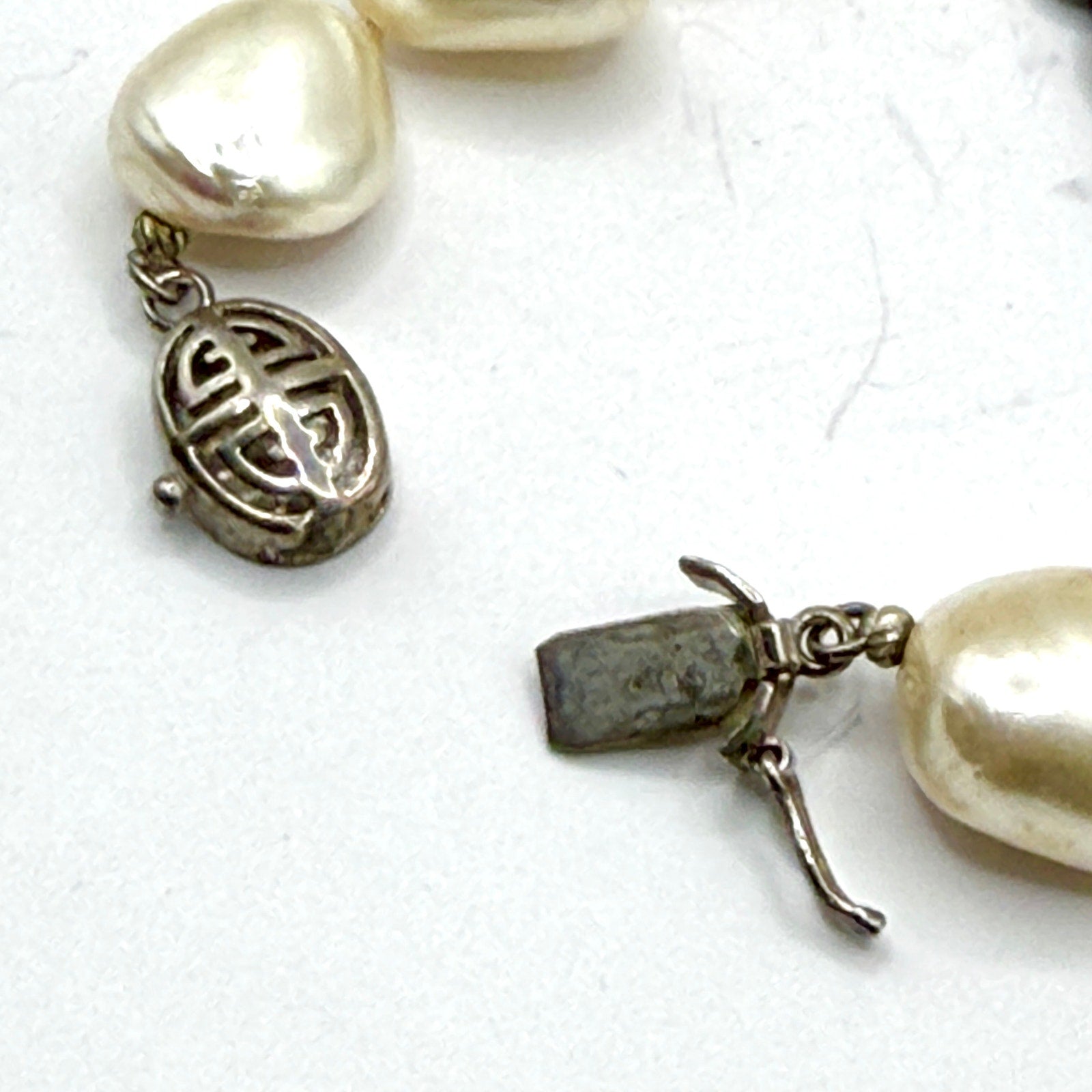 Vintage 90s Cream Sterling Silver Stamped Baroque Pearl Ornate Charm Bracelet