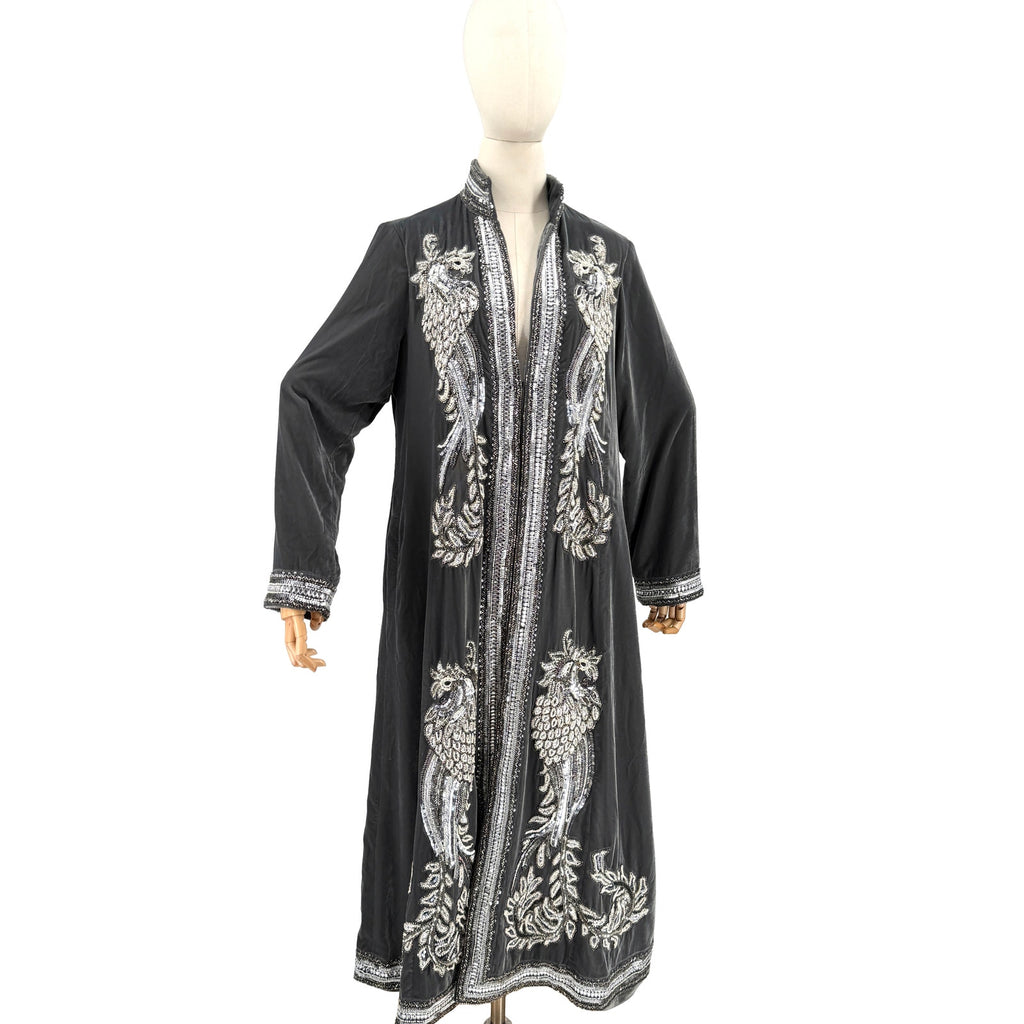Soft Surroundings Gray Velvet Heavily Beaded Silver Duster Coat