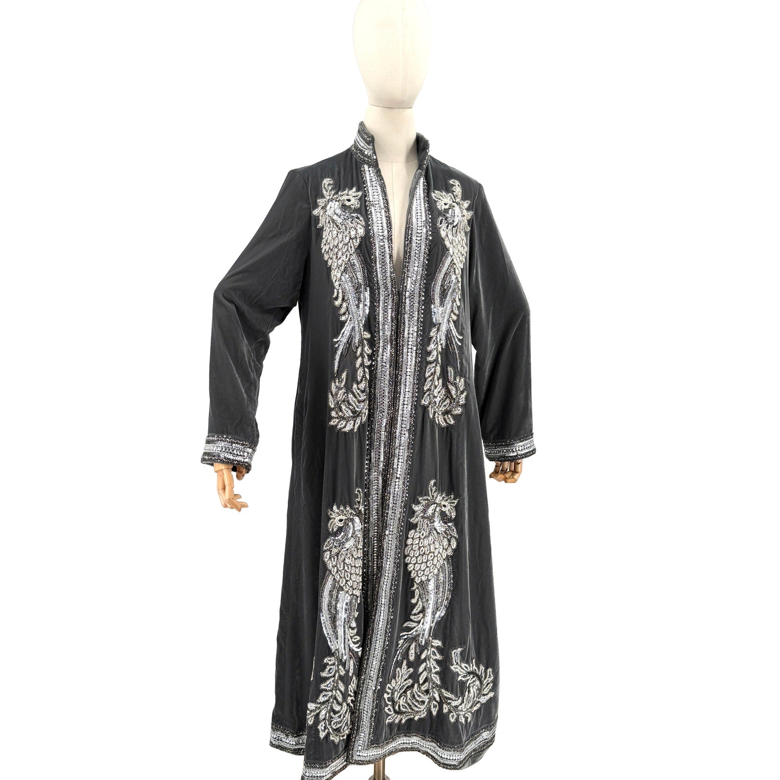 Soft Surroundings Gray Velvet Heavily Beaded Silver Duster Coat