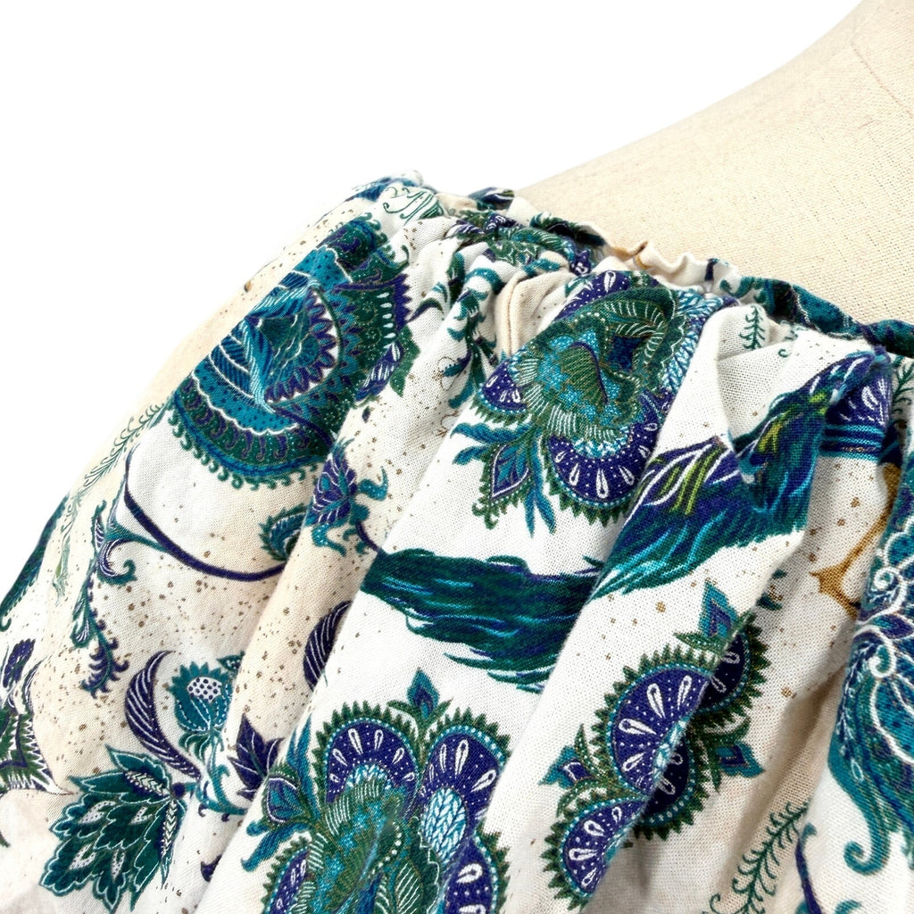 Vintage 90s Custom Made Cream Teal 100% Cotton Peacock Paisley Ruffle Crop Top
