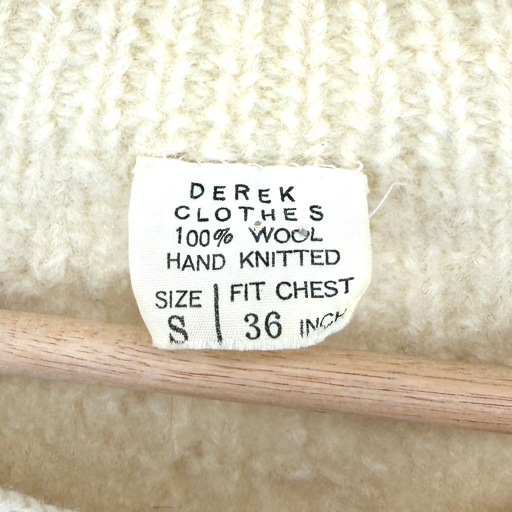 Vintage 70s Derek Clothes Cream 100% Wool Hand Knit Wood Button Cardigan