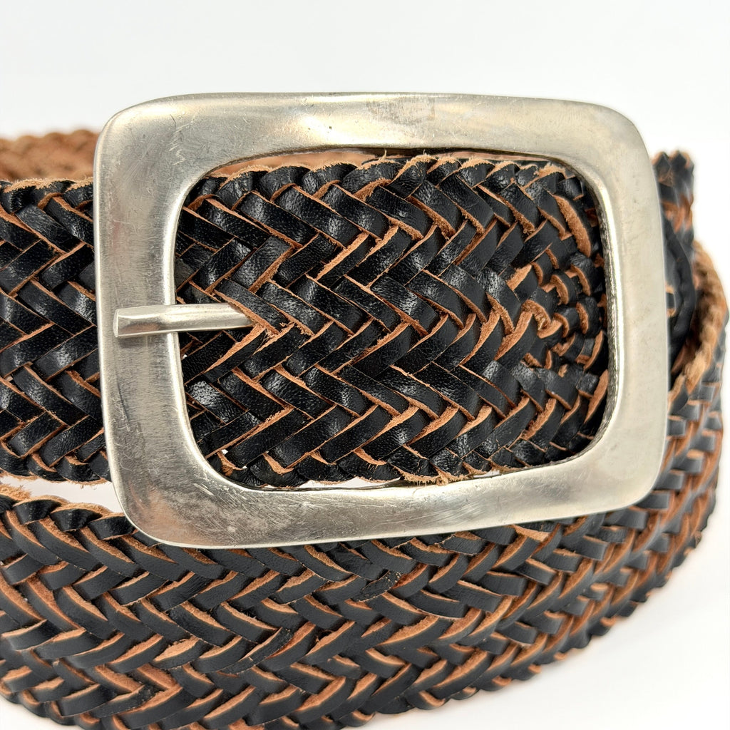 Vintage 90s Black Tan Genuine Leather Boho Western Woven Braided Belt