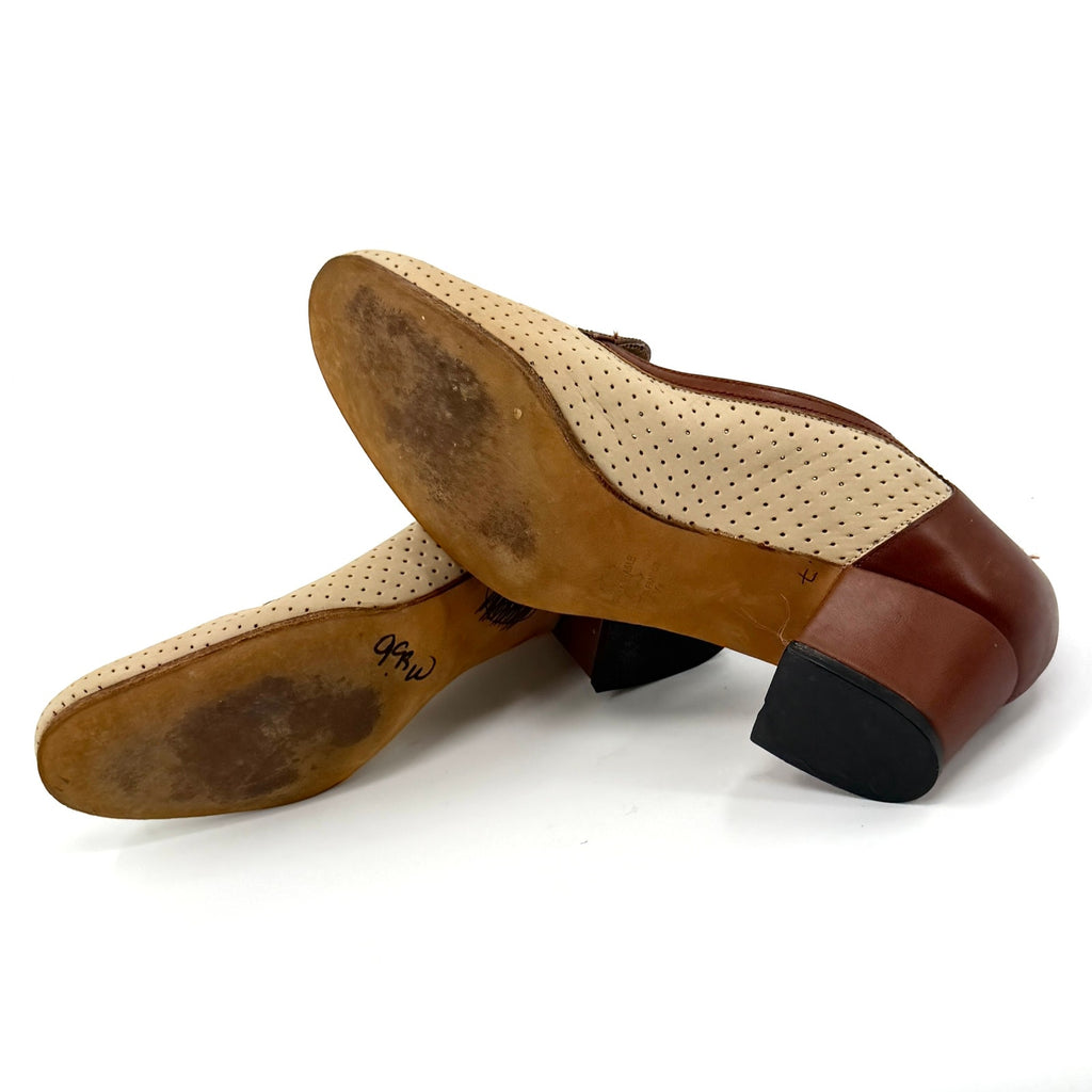 Vintage 80s Bally France Cream Genuine Leather Perforated Block Heel Loafers