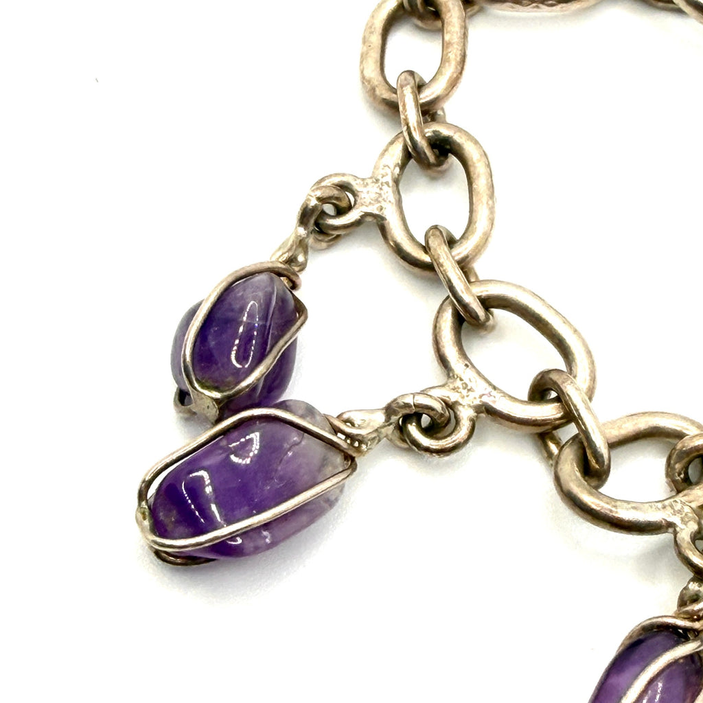 Vintage 90s Mexico Taxco 925 Sterling Silver Amethyst Charm Bracelet