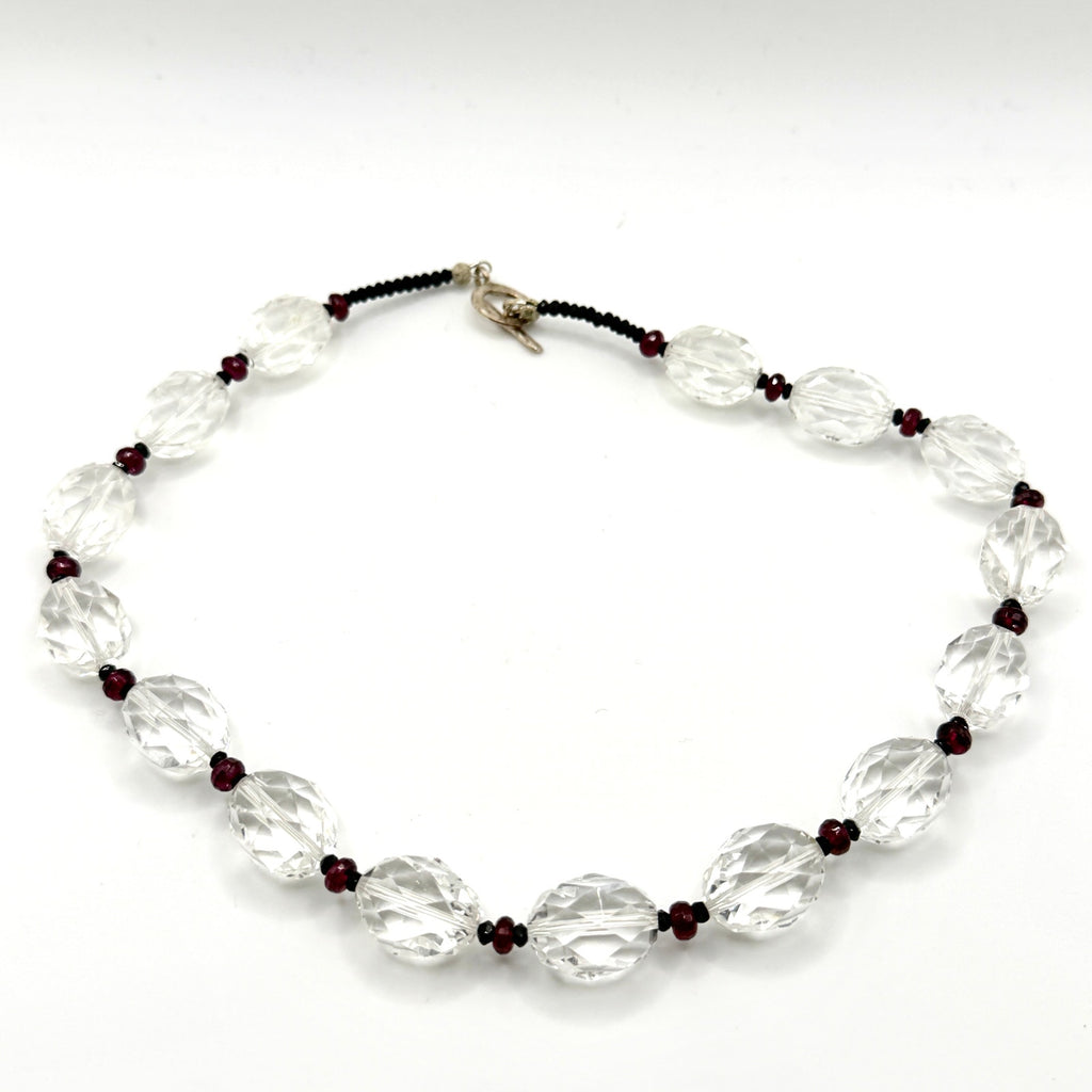 Vintage 90s Clear Quartz Garnet Sterling Silver Toggle Necklace