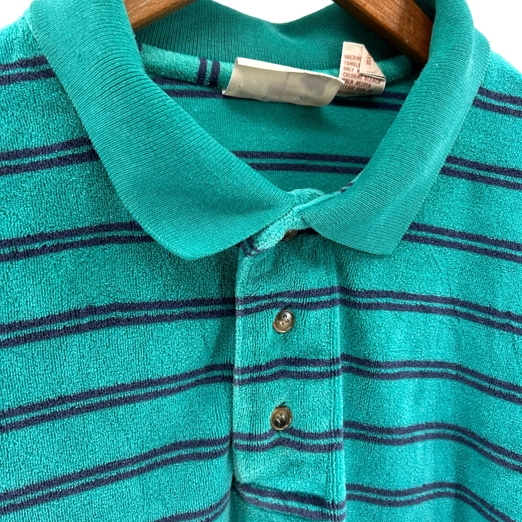 Vintage 80s Fox Collection Teal Navy Striped Velour Polo Shirt