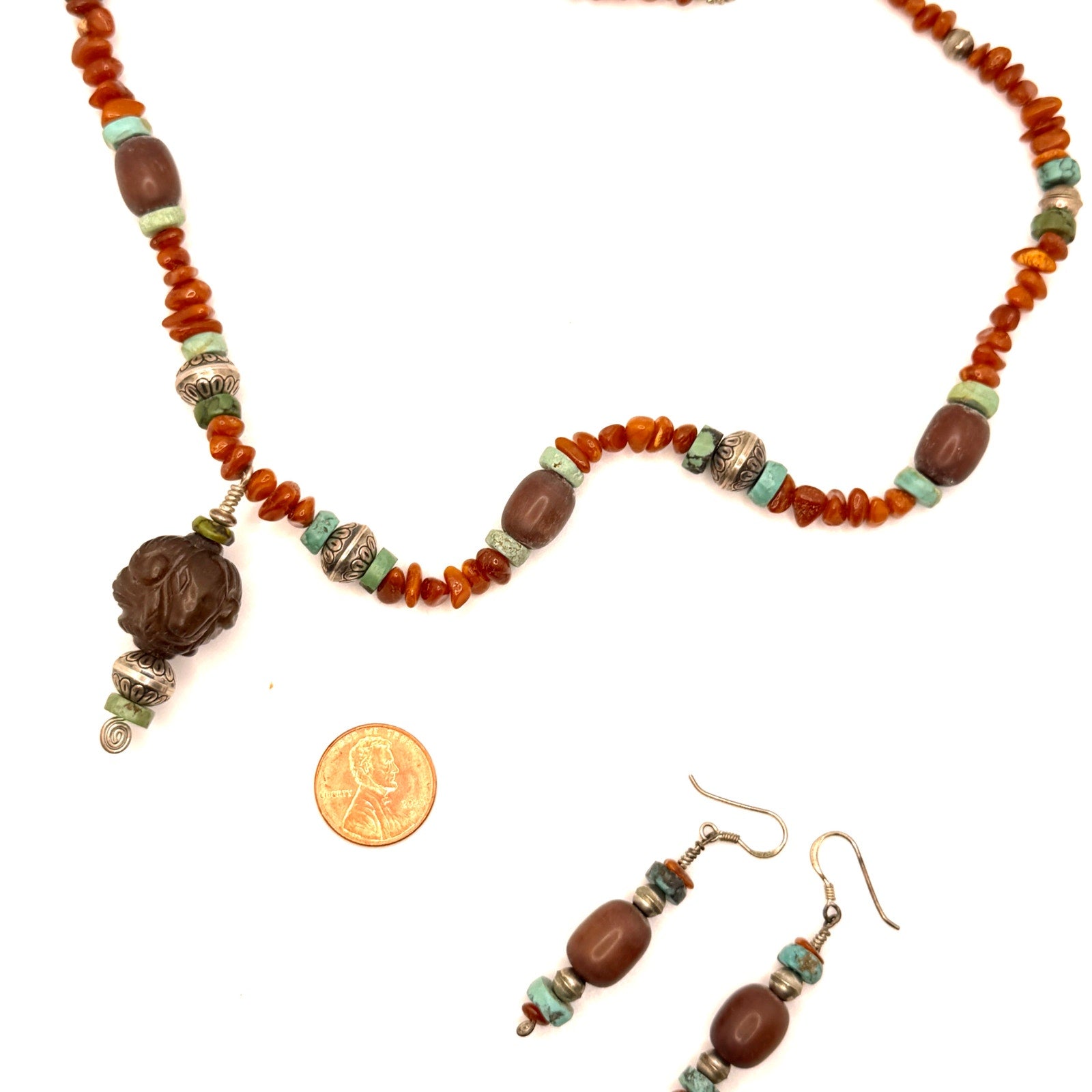 Vintage 90s Artisanal Carved Ram Turquoise Carnelian Beaded Necklace Earring Set