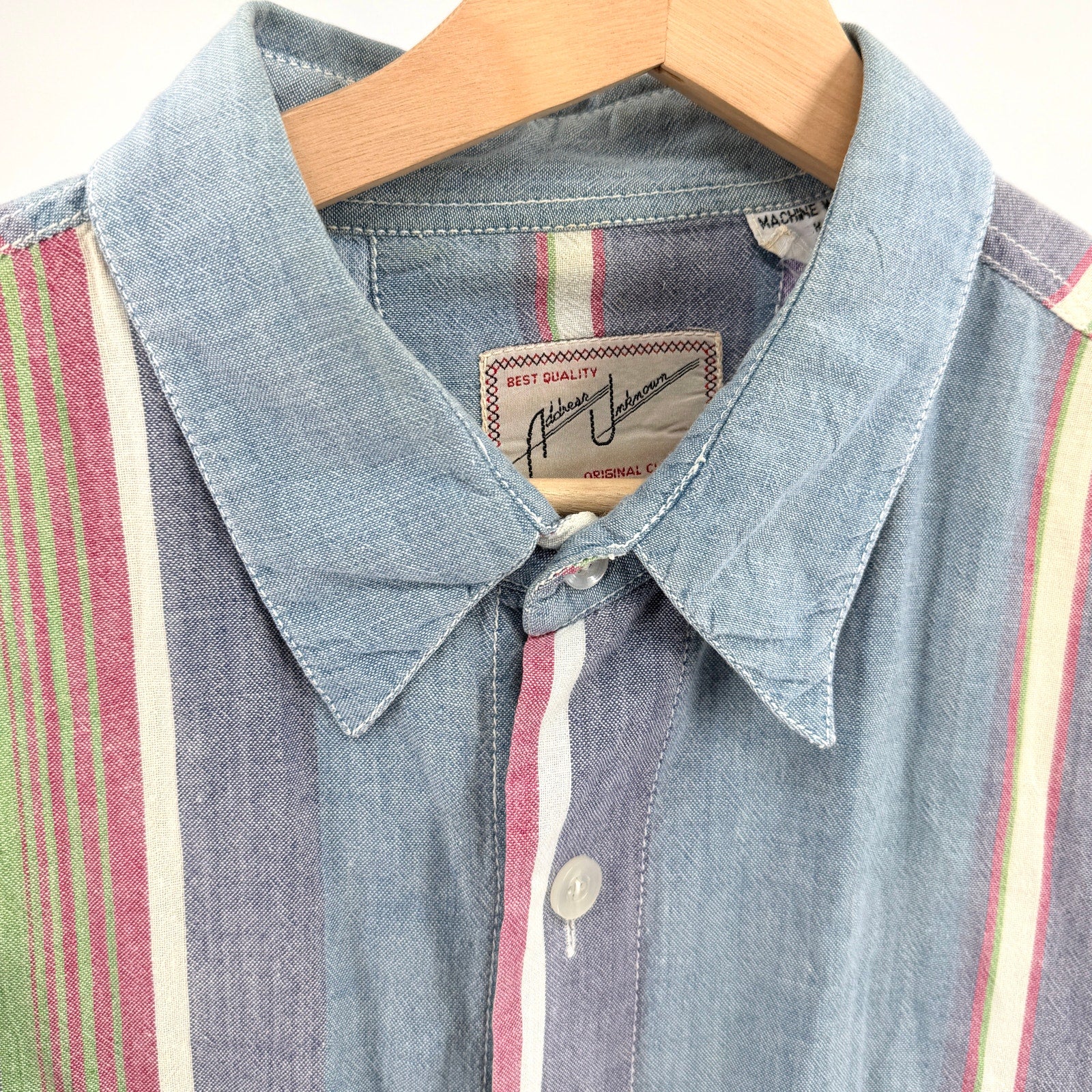 Vintage 90s Address Unknown Blue 100% Cotton Striped Button Down Shirt