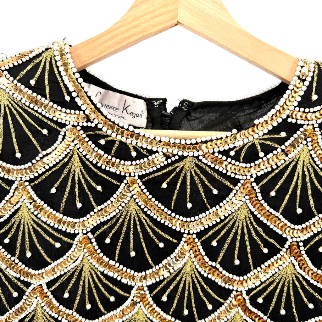 Vintage 80s Laurence Kazar Black 100% Silk Beaded Gold Sequin Pearl Glam Top