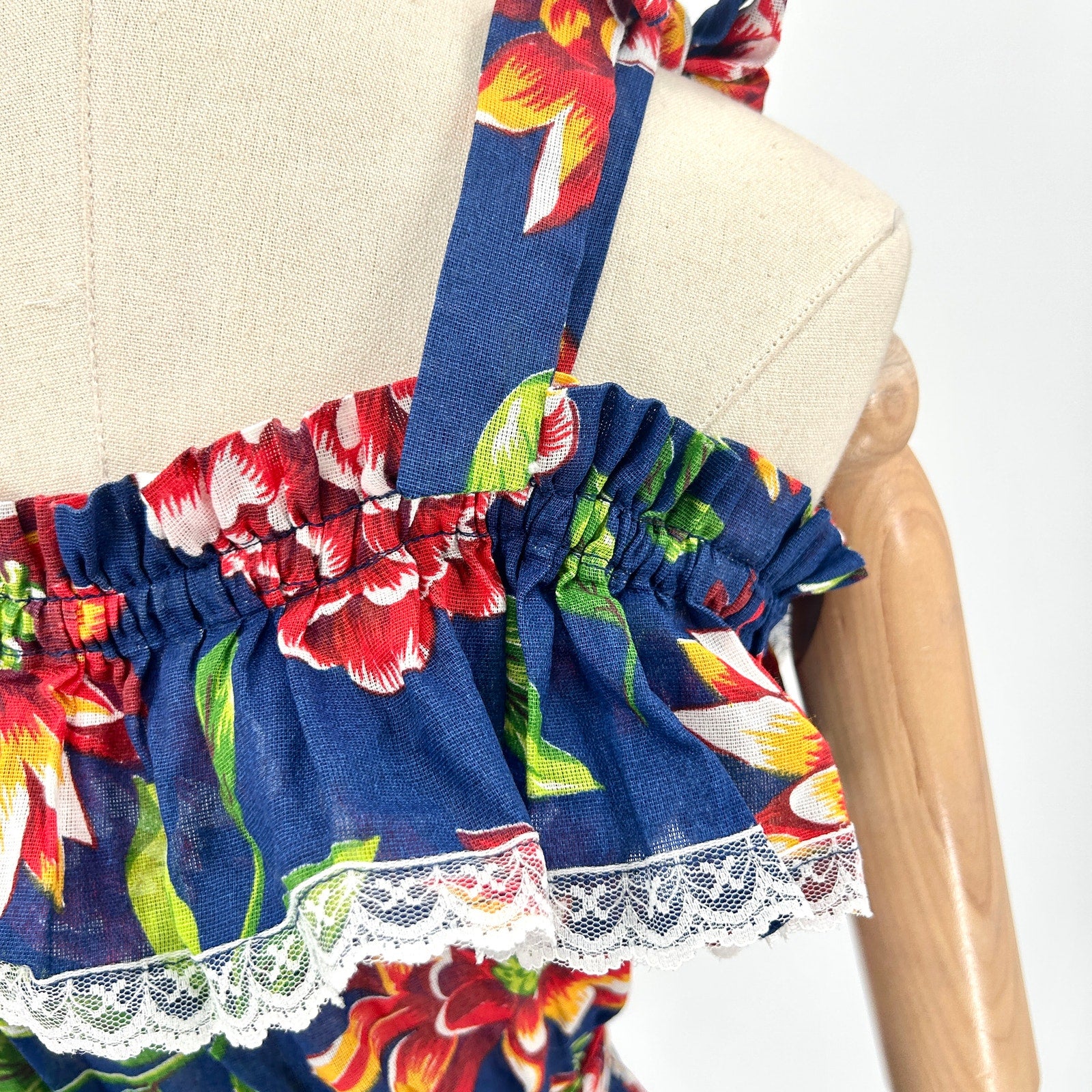 Vintage Navy Blue Floral Pin-Up Off-Shoulder Peasant Mini Dress