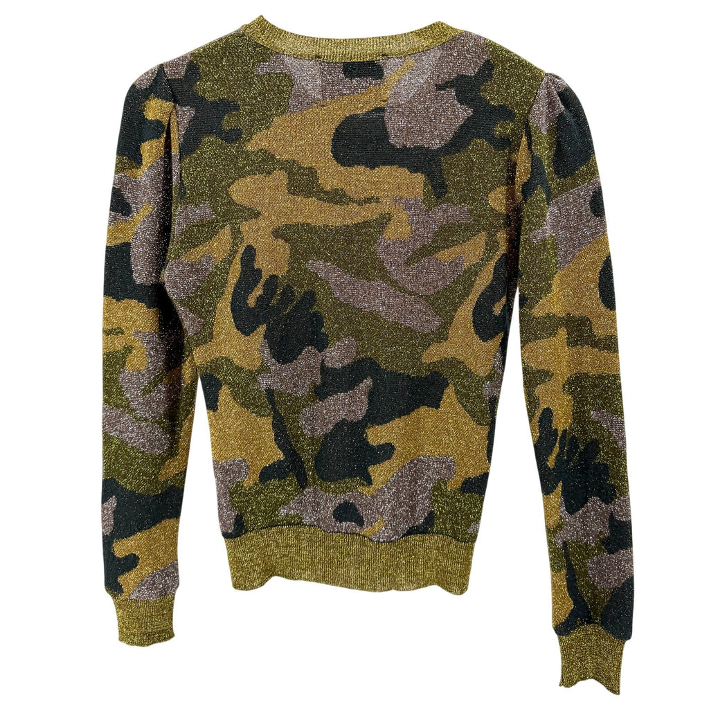 Brand Unique Metallic Gold Green Camo Print Puff Sleeve Sweater