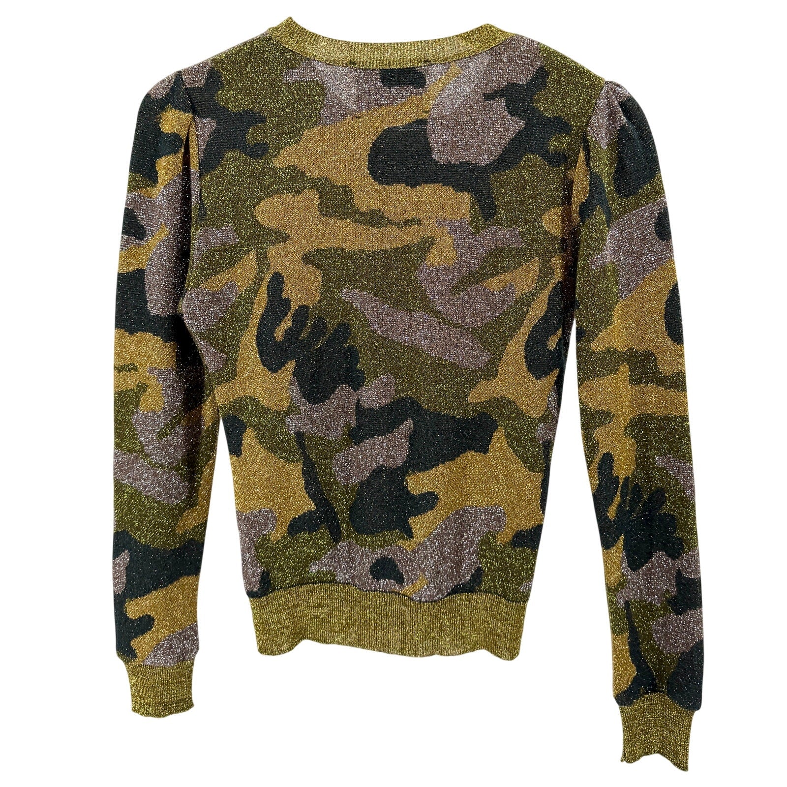 Brand Unique Metallic Gold Green Camo Print Puff Sleeve Sweater