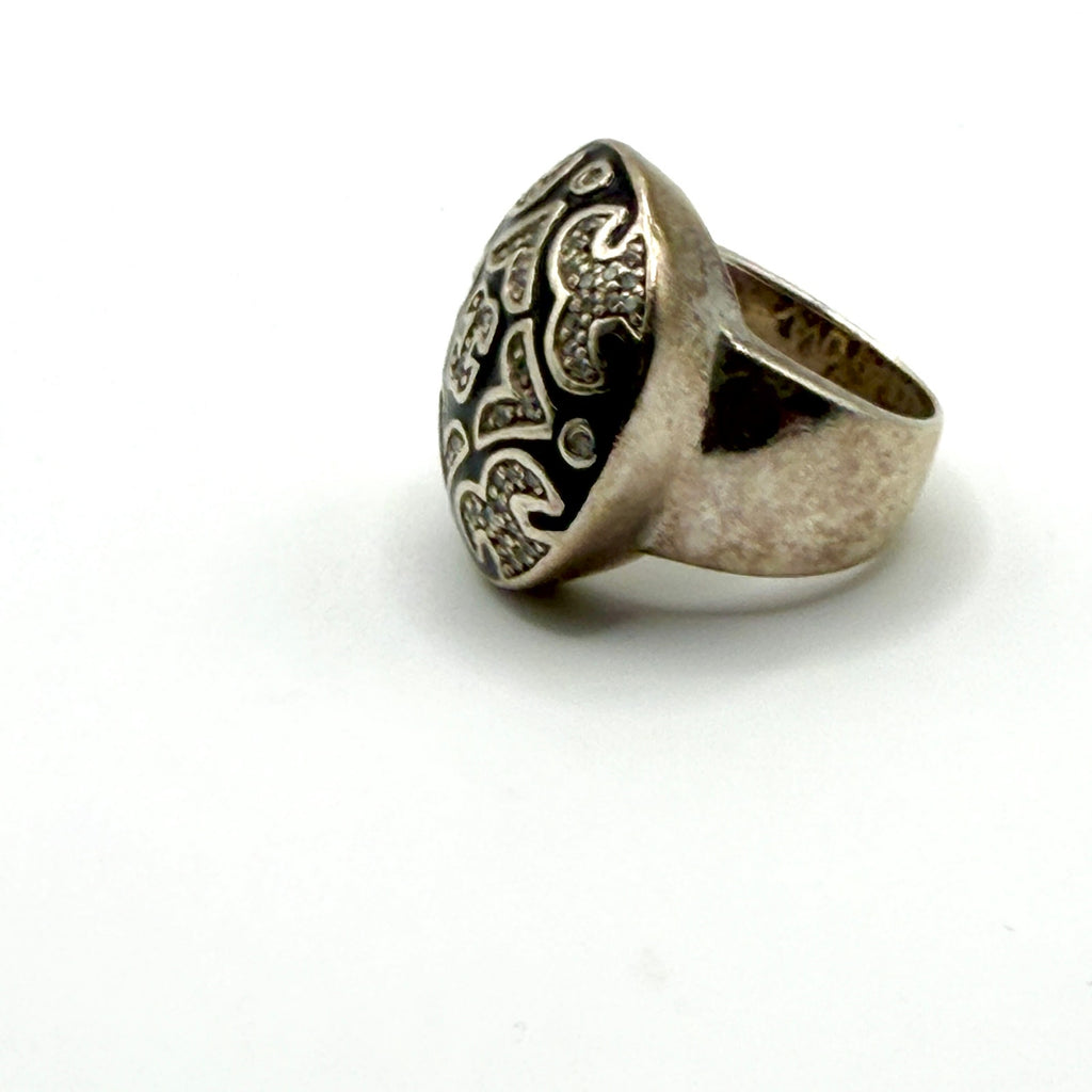 Vintage 90s Signed Black Enamel Rhinestone Sterling Silver Dome Cocktail Ring