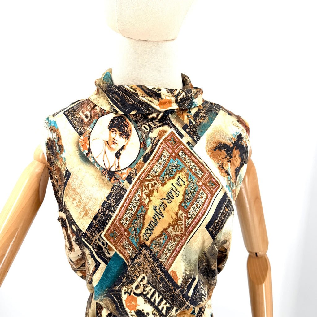 Vintage Y2K Double D Ranch Brown 100% Silk Ephemera Print Blouse Skirt Set
