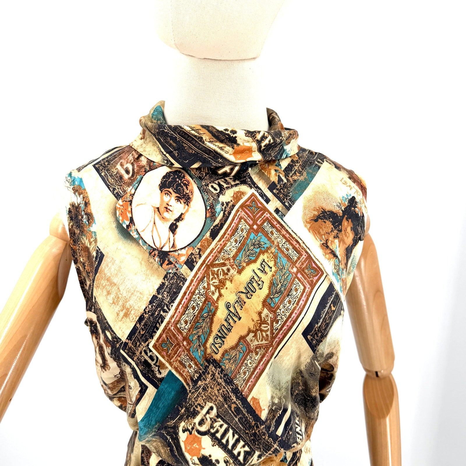 Vintage Y2K Double D Ranch Brown 100% Silk Ephemera Print Blouse Skirt Set