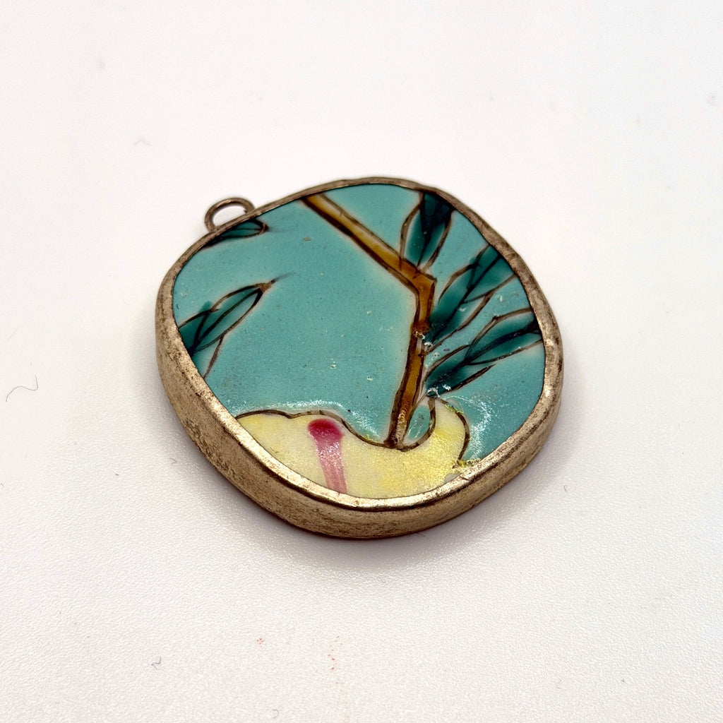 Vintage 90s Turquoise Hand Painted Porcelain Shard Bamboo Statement Pendant